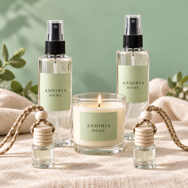 Pack Adiós malos olores de Andiria Home con dos ambientadores de coche, dos sprays textiles y una vela aromática; etiquetas con la marca en letras.