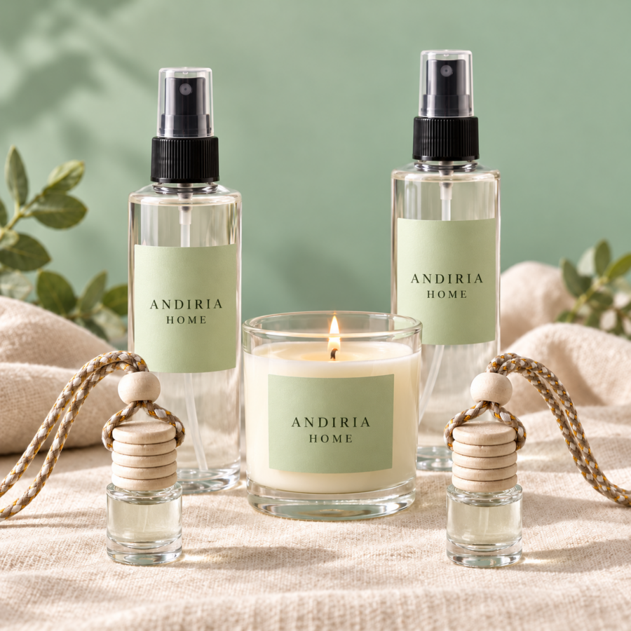 Pack Adiós malos olores de Andiria Home con dos ambientadores de coche, dos sprays textiles y una vela aromática; etiquetas con la marca en letras.